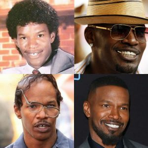 four pictures of Jaime Foxx with different teeth