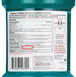 Back of a mouthwash label showing alcohol content
